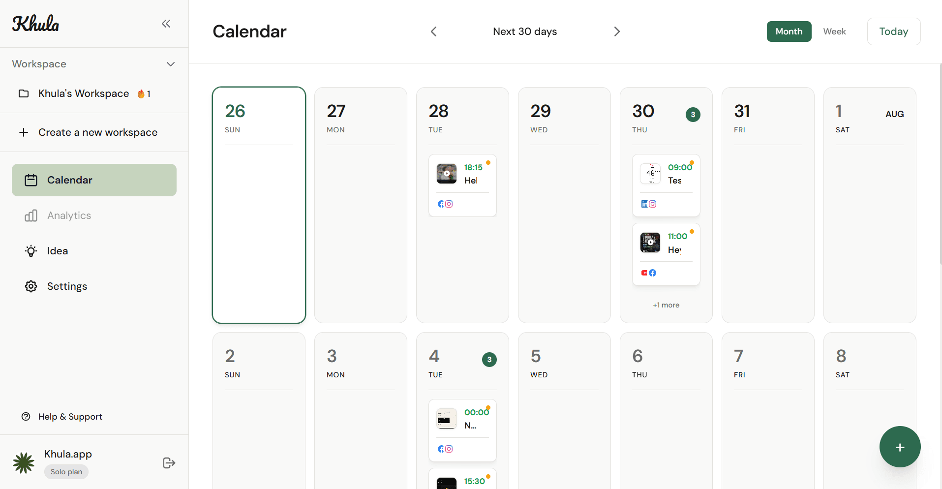 Khula's content calendar showing a month of posts scheduled across connected social accounts