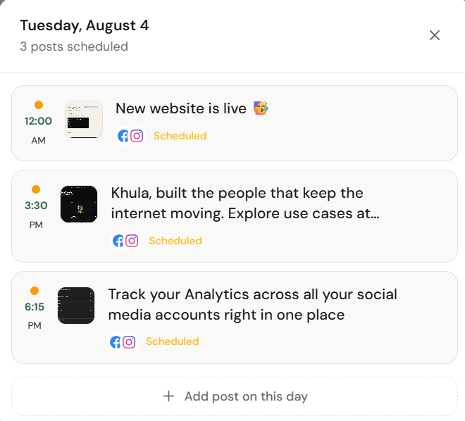 Khula post detail panel showing a scheduled post's caption, target platforms and publish time